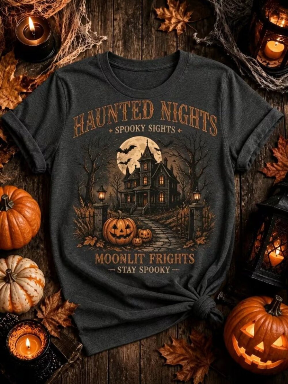 Men's Haunted House, Pumpkins, Full Moon, Bats & Graphic Crew Neck T Shirt